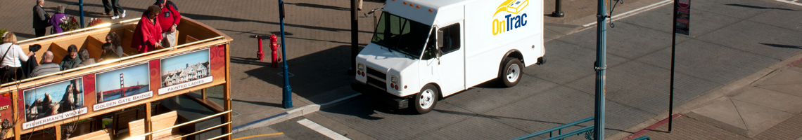 OnTrac truck in downtown Portland, OR